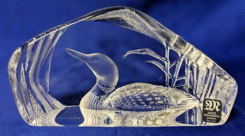 Signed Vintage MATS JONASSON Sweden Full Lead Crystal Loon Paperweight | 2.75 Tall x 5.25" Long