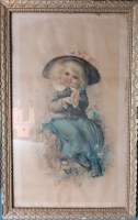 Vintage Victorian Lithograph Print Girl With Bird’s Egg 🪺 32.5"x20.5"