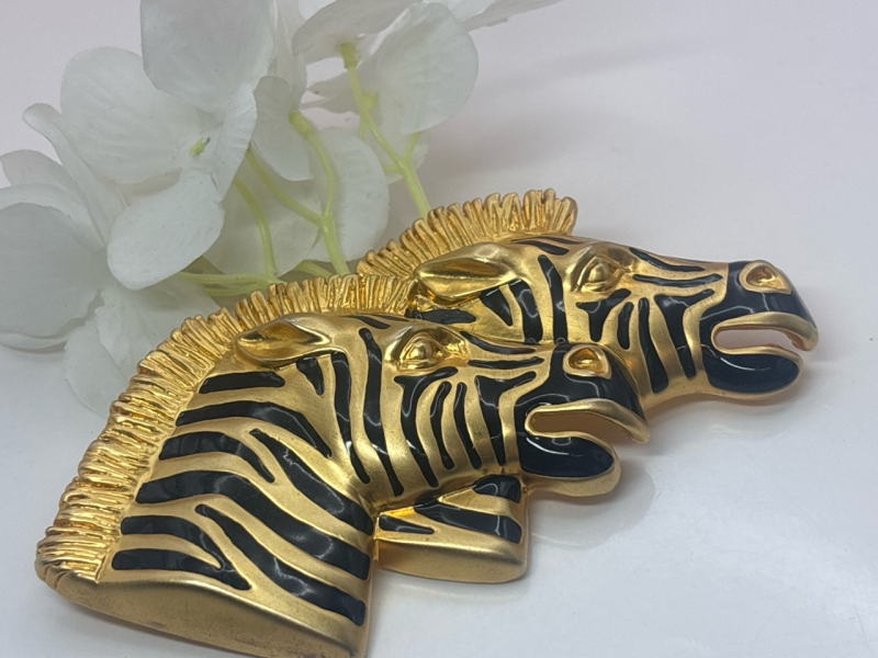 Vintage Oversized Two Zebra Head Figural Brooch