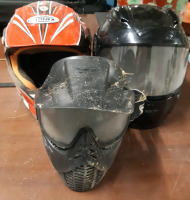 3 Helmets For Sports, Includes; 1 Paintball, 1 Motorcycle and 1 Dirtbike Helmet Sizes Vary from Small to Large