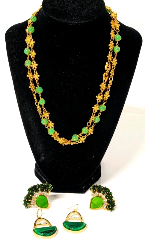 It IS Easy Been Green (and Gold) : Vintage Green Themed Necklace and Earrings Jewelry