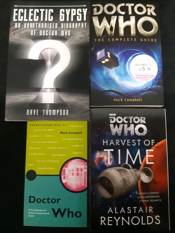 4 Doctor Who Paperback Novels, 1 Vintage, Includes: Docter Who: Completely and Utterly Unauthorized Guide, Doctor Who: The Complete Guide, Doctor Who: Harvest Time, and Eclectic, Gypsy: An Unauthorized Biography Of Doctor Who