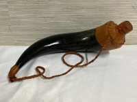 Drinking Horn With Leather Acents and Plastic Screw on Lid