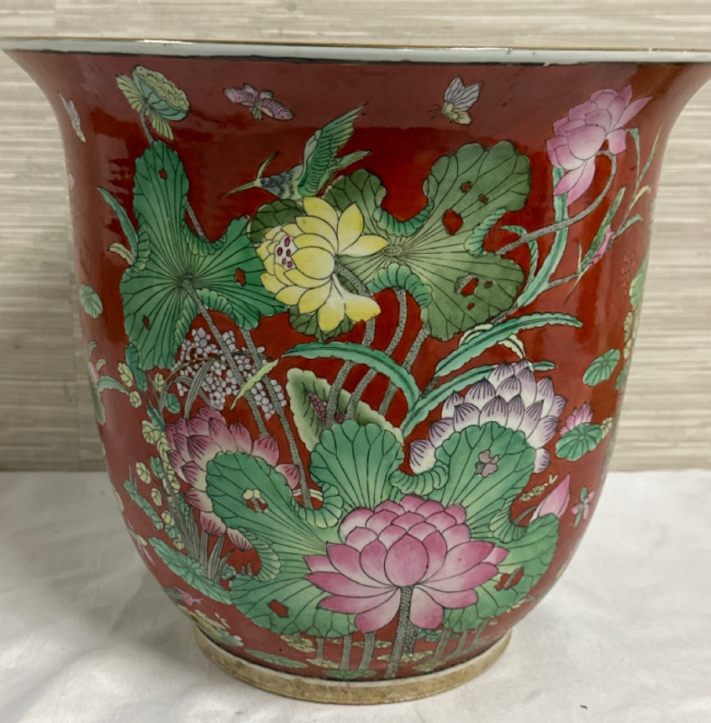 Large Asian Themed Ceramic Planter Pot 12&rdquo; Dia 12.5&rdquo; H Marking on Bottom