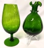 Vintage Mid Century Modern | Footed Vase Hand Blown Contemporary Art Glass 10.5" & Green Art Glass Goblet Vase 9.5" Tall - 3