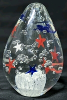 Large Egg-Shaped Art Glass Paperweight with Red, White and Blue Stars & Bubbles Inclusions | 6.5" Tall