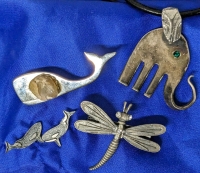 Creature Couture! Fork-Elephant Necklace, Dragonfly Brooch, Killer Whale Earring Studs & Whale Brooch with Stone