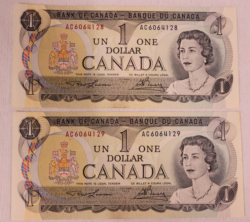 1973 Canadian Bank of Canada One Dollar Bank Notes . Two (2) Notes with Consecutive Numbers