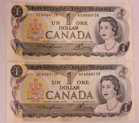 1973 Canadian Bank of Canada One Dollar Bank Notes . Two (2) Notes with Consecutive Numbers