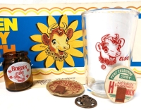 Vintage BORDEN DAIRY Collectibles : Monthly Special Slide-In Cardstock, Glass, Mini Amber Glass Bottle, Charm, Ice Cream Stick in Original Wrapper & 2 Milk Bottle-Tops (One is local! Port Colborne Dairy)