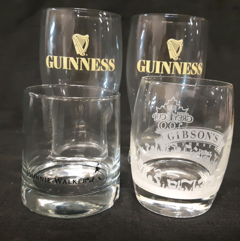 4 Bar Glasses, 2 Guinness Beer Pint Glasses ( 6.5 Tall" ) 1 Gibsons Finest Canadian Whisky Glass ( 4" Tall) 1 Johnnie Walker Whisky Glass ( 3.5 Tall )