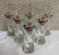 Set of 6 Carlsberg Gold Rimmed Glasses Great Condition