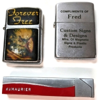 3 Vintage Lighters : Du Maurier, Forever Fre & Hi-Lite Korea "Compliments of Fred"