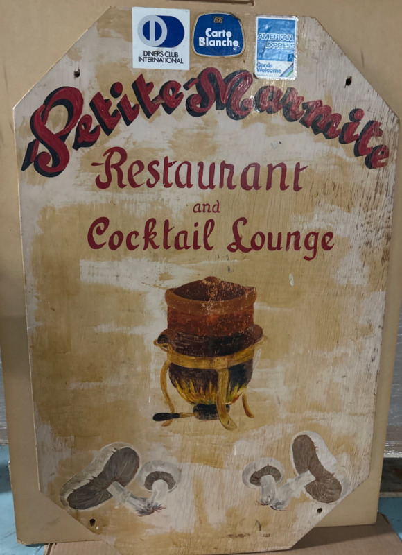 Petite Marnite Restaurant and Cocktail Lounge Wooden Sign 34 1/2” x 22” Original Sign From The Palm Beach Restaurant & Lounge