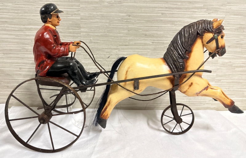 Vintage Iron And Wood Sulky With Horse & Driver Approximately 24 1/2” Length 15” Height 8” Width Equestrian Decor