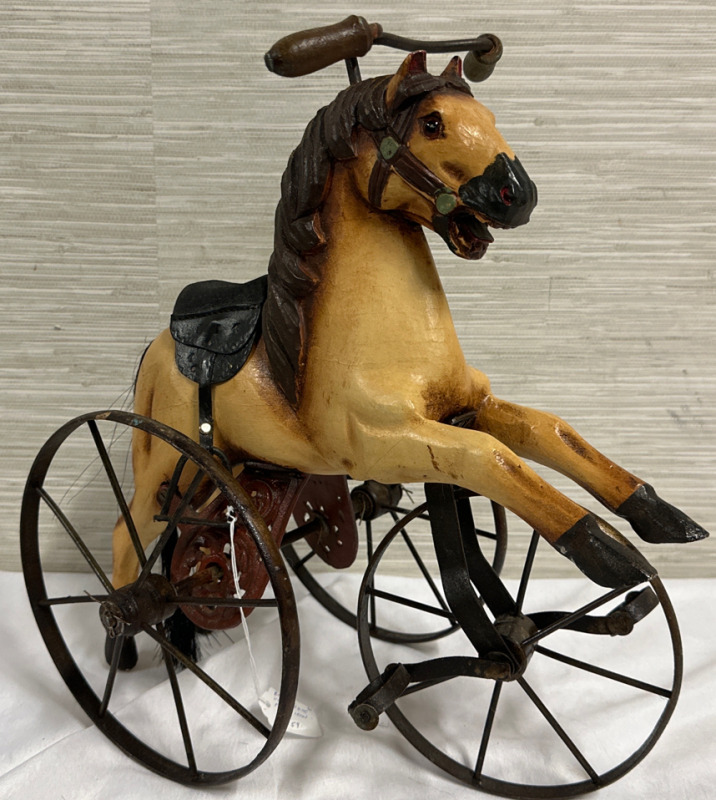 Vintage Wood & Iron Horse Tricycle Approximately 15” Legth 16” Height 8” Width Equestrian Decor