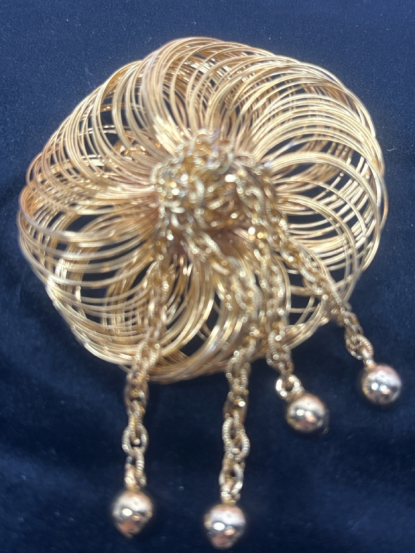 Statement Gold tone Spiral Brooch Centre Ball drops