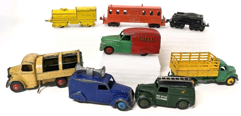 8 Vintage Diecast Vehicles : 3 Train Cars (2 are Midgetoy) & 5 Dinky Toys Trucks