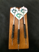 3 Metal darts With Iridescent Fins And a Handmade Wooden Dart Box For holding 3 Darts