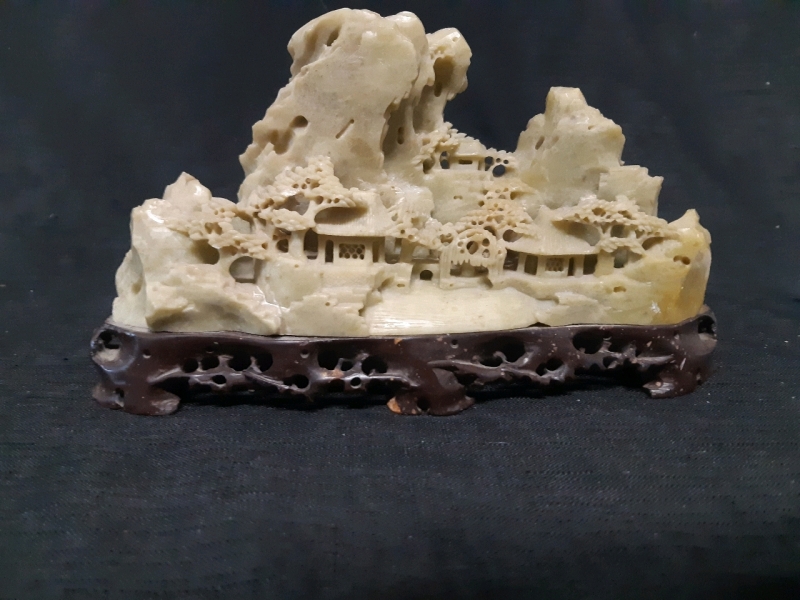 Vinatge Chinese Hand Sculpted Appears to be SoapStone Town Landscape ( 8" x 1" x 5" )