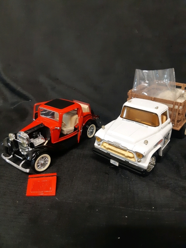 1932 Ford 3 Window Coupe * Broken Hood* and ERTL 1996 Chevy stake Caterpillar Construction Hauling Truck *Broken Rail On Bed* ( With Toy Sandbags )