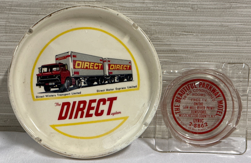 Pair of Vintage Ashtrays Ceramic The Direct System 6 1/4” Dia x 3/4” Depth & Glass Parkway Motel 4” x 1”