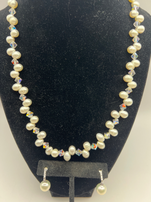 Handmade Fresh Water Pearl crystal Necklace Sterling Clasp FW pearl drop Earrings
