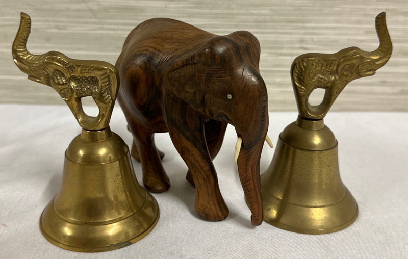 3 Piece Elephant Lot Including Wood Carved With Tusks 4 1/2” Elephant & 2 Brass 2 1/2” Elephant Bells Made in India