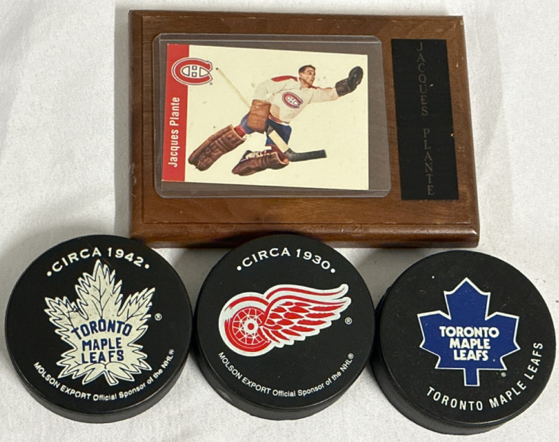 4 Piece NHL Lot Including a Montreal Canadians Jacques Plante Card Plaque & 3 Hockey Pucks Toronto Maple Leafs and Detroit Redwings