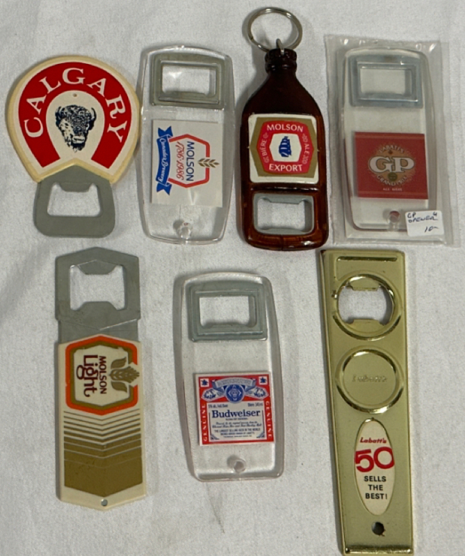 7 Vintage Beer Bottle Openers Molson Labatts Budweiser Molson Light Molson Export GP and Calgary