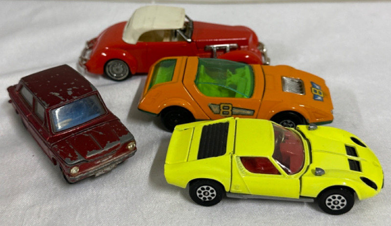 4 Vintage Metal Cars 1979 Matchbox 1937 Cord Model 812 Supercharged- Dinky Toys Hillman Imp - Corgi Toys Lamborghini Miura P400 & 1972 Matchbox Speed King K-42 Nissan 270 X