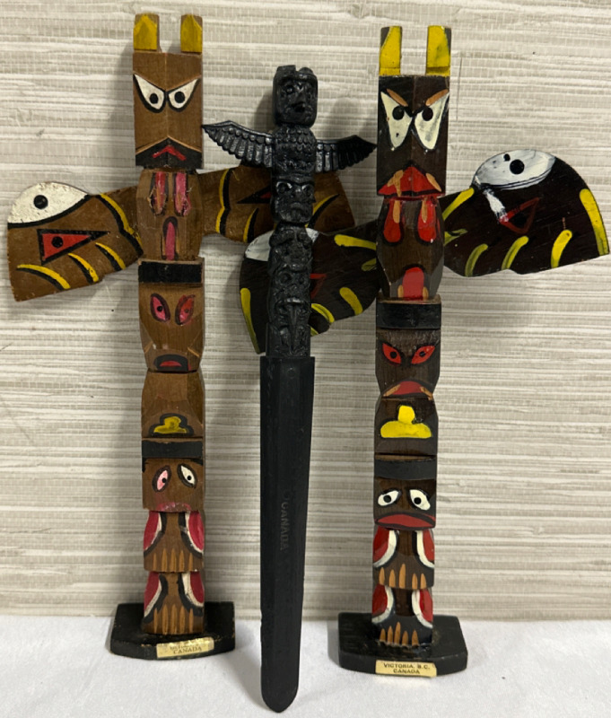 3 Vintage Wood Carved Totem Pole Pieces 2 Mini 10” Totem Poles From Victoria BC Canada With Turnable Back and a 9 1/2” Native Letter Opener