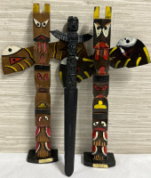 3 Vintage Wood Carved Totem Pole Pieces 2 Mini 10&rdquo; Totem Poles From Victoria BC Canada With Turnable Back and a 9 1/2&rdquo; Native Letter Opener