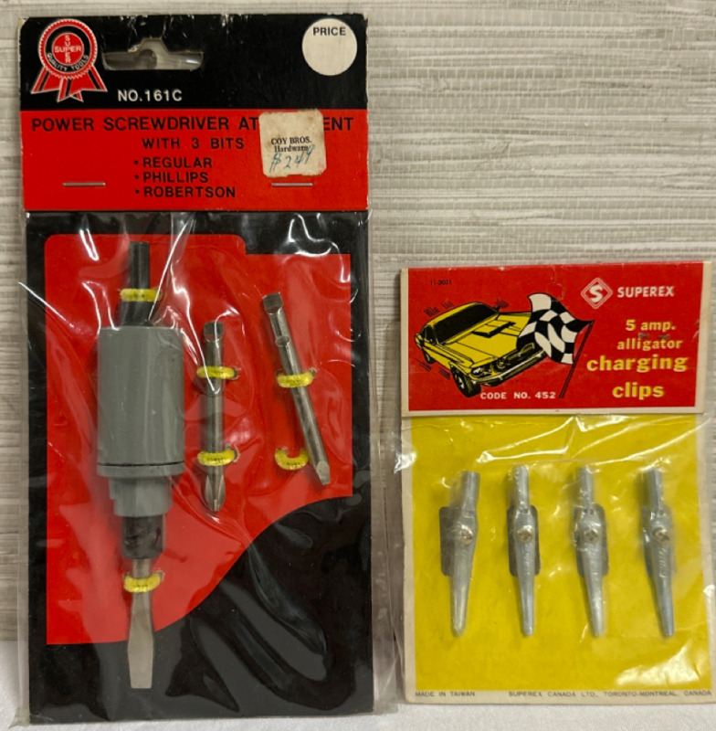 New Oldstock Vintage Power Screwdriver Attachment with 3 Bits NO.161C Super Quality Tools & 5 Amp Alligator Charging Clips NO.452 Superex