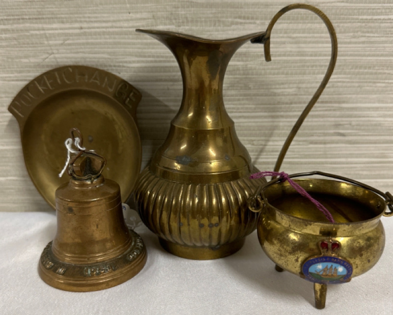 4 Piece Brass Lot Including 1953 Queen Elizabeth Coronation Bell 3” - Bahamas Candle Pot 2” - Pocket Change Dish & 5” Pitcher Both Made In India