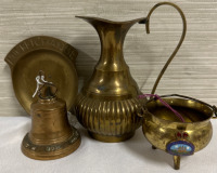 4 Piece Brass Lot Including 1953 Queen Elizabeth Coronation Bell 3&rdquo; - Bahamas Candle Pot 2&rdquo; - Pocket Change Dish & 5&rdquo; Pitcher Both Made In India