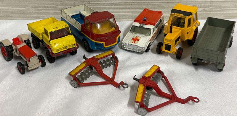 8 Piece Vintage Diecast Lot Including Corgi Turbine Truck + Unimog 406 +MF50B Tractor & 2 Dinky Toys Disc Harrows + Trailer & 1974 Matchbox Speedking K-49 Ambulance and Small Tractor