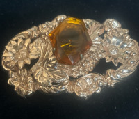 Large Coffin Cut Topaz Glass Rose Gold Plate Statement Brooch