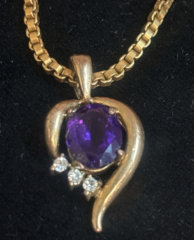 Amethyst Faceted Pendant CZ Substantial Box Chain