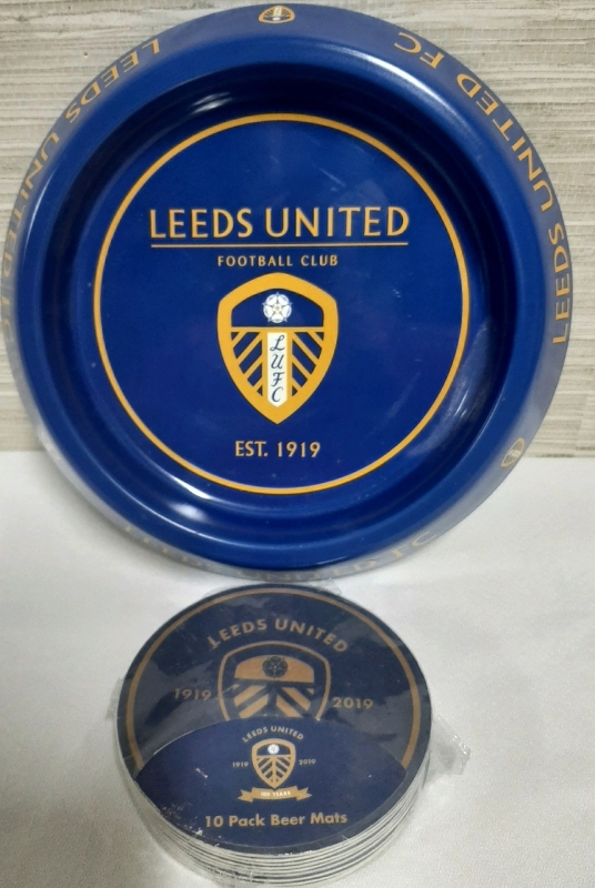 As New Leeds United Metal Ashtray with a Package of 10 Leeds United Beer Mats