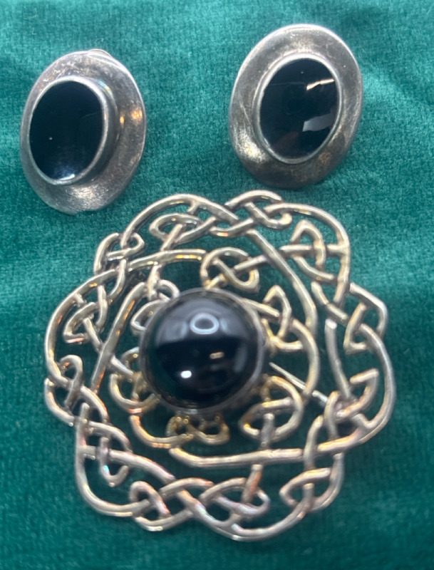 Vintage Sterling Celtic Black Onyx Brooch & Earrings