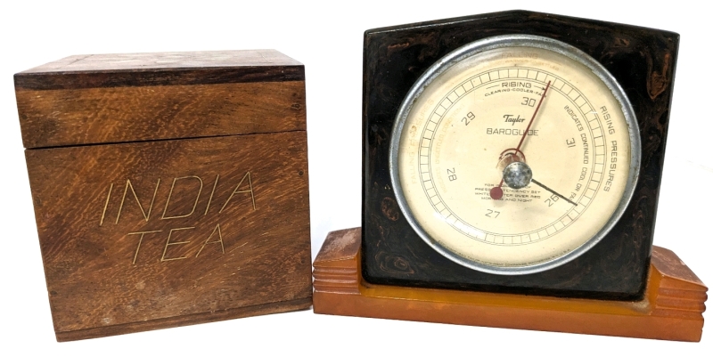 Vintage Taylor BAROGUIDE Bakelite Barometer Meter 4" Tall & Vintage Wood w Inlaid Brass Indian Tea Box 3.2" x 3.2" x 3 25"