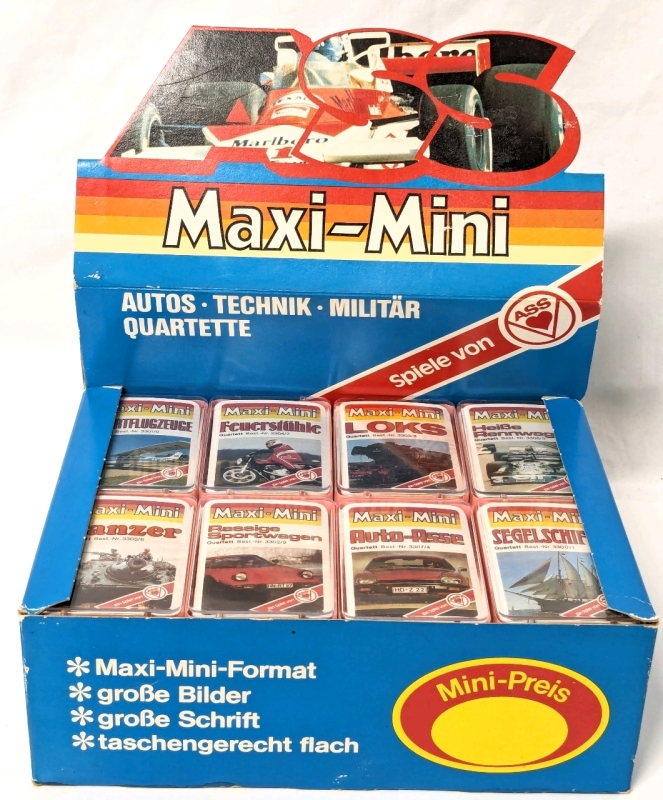 Vintage As-New MAXI-MINI German Mini Vehicle (Cars, Technology, Military) Cards in Original Retail Display Box | 40 Mini Cases in Box | Each Case 2" x 2.75" x 0.5" with Sealed Mini Card Pack Inside