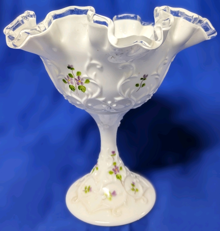 Vintage SIGNED Fenton Silver Crest Footed Bowl with Spanish Lace Pattern and Hand Painted Flowers | Also Signed by Artist : P. Brilliant | 6.5" x 5" x 6.75" Tall