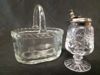 2 Pcs, 1 Vintage Clear Glass Basket With Handle / Candy Dish, 1 Vintage Crystal Preservevation Glass for Herbs and Spices