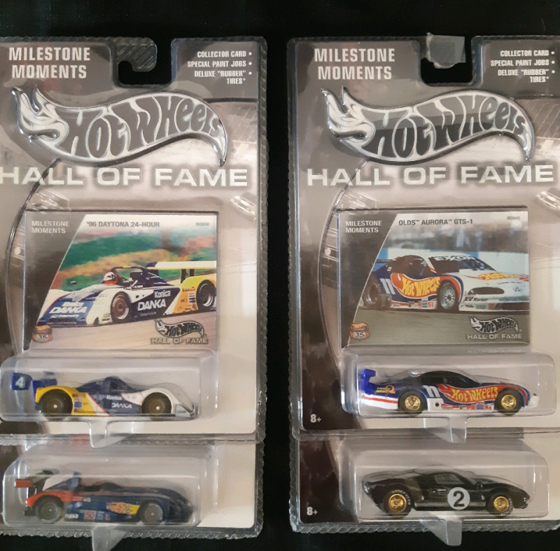 4 Vintage New Hotwheels Hall Of Fame: Milestone Moments Sealed Cars, Ford GT-40, 1996 Daytona 24-Hour, Olds, Aurora GTS-1, Panoz LMP-01 EVO