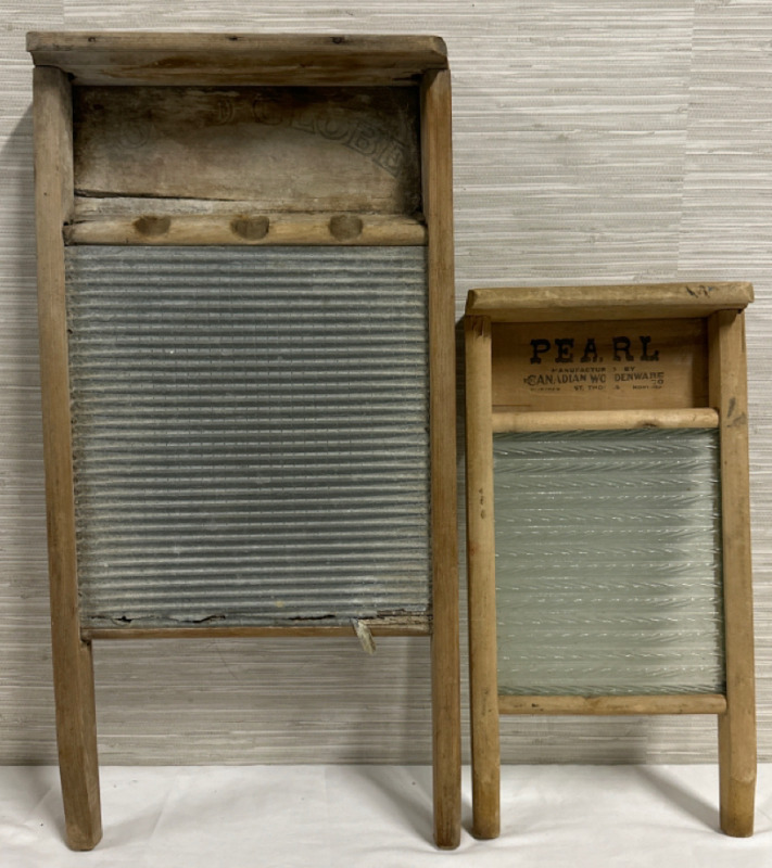 2 Vintage Washboards 24” x 12” Solid Globe Metal and Wood Manufacturerd by Mefarlane & 17” x 9” Pearl Wood and Glass Manufactured by Canadian Woodenware