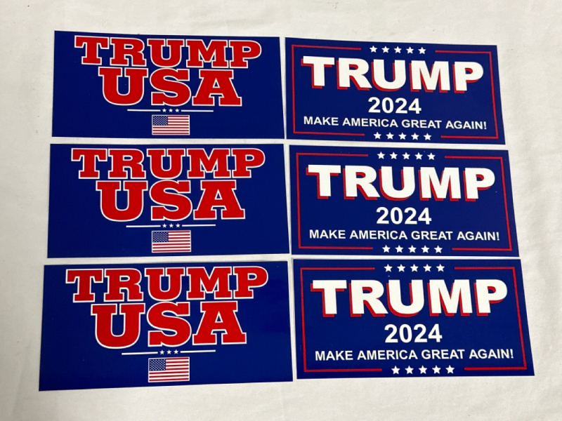 6 Donald Trump Stickers 3 Trump USA & 3 Trump 2024 Make America Great Again Approximately 7 1/2” x 4 “