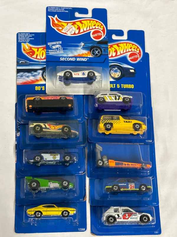 11 Sealed Vintage Hotwheels 1990-96 Including # 12360, 0477, 9526, 11243, 0445, 3205, 12352, 11847, 3204, 2307 and Second Wind 16810 Guaranteed For Life