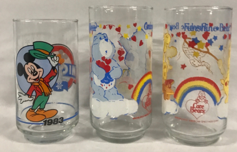 Vintage Collectable Care Bears Glasses & Mickey Mouse 1928-1988 glass